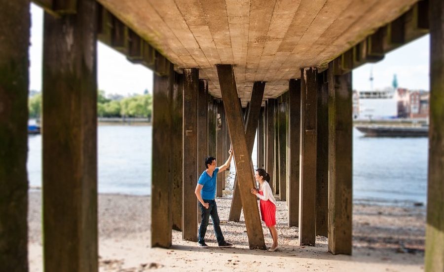 Thames pier Southbank pre-wedding shoot