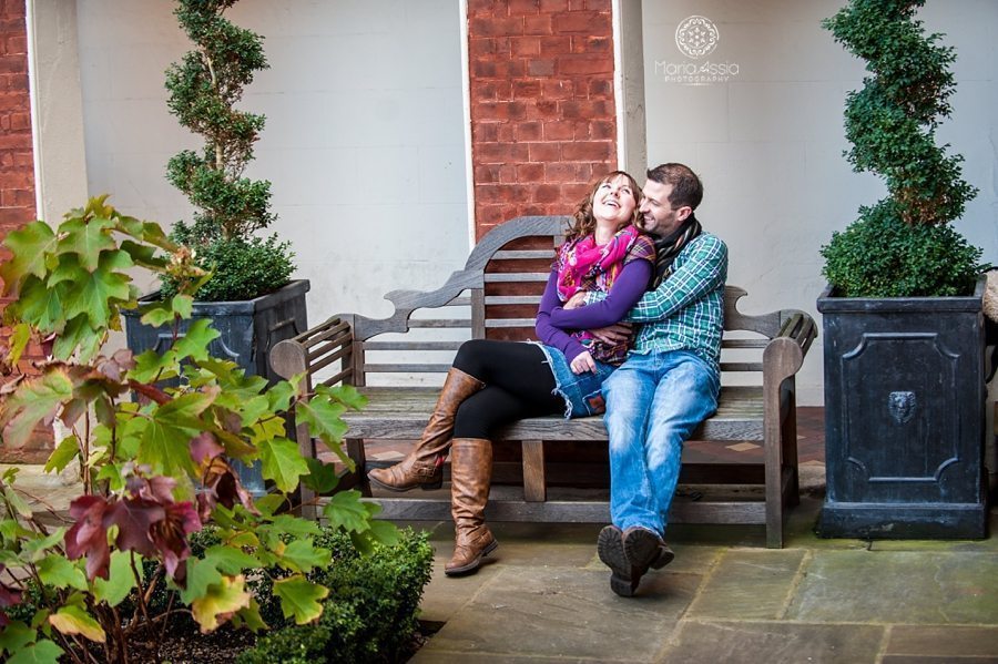 Engaged couple hugging and laughing, Christopher Wren Hotel Windsor