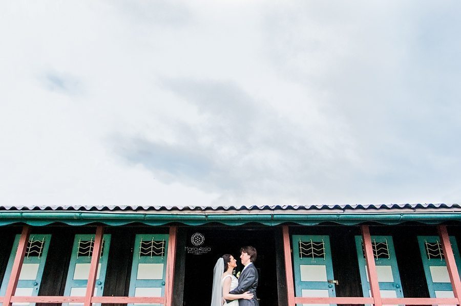 Bride and Groom at the changing cabins at Mattsee Austria