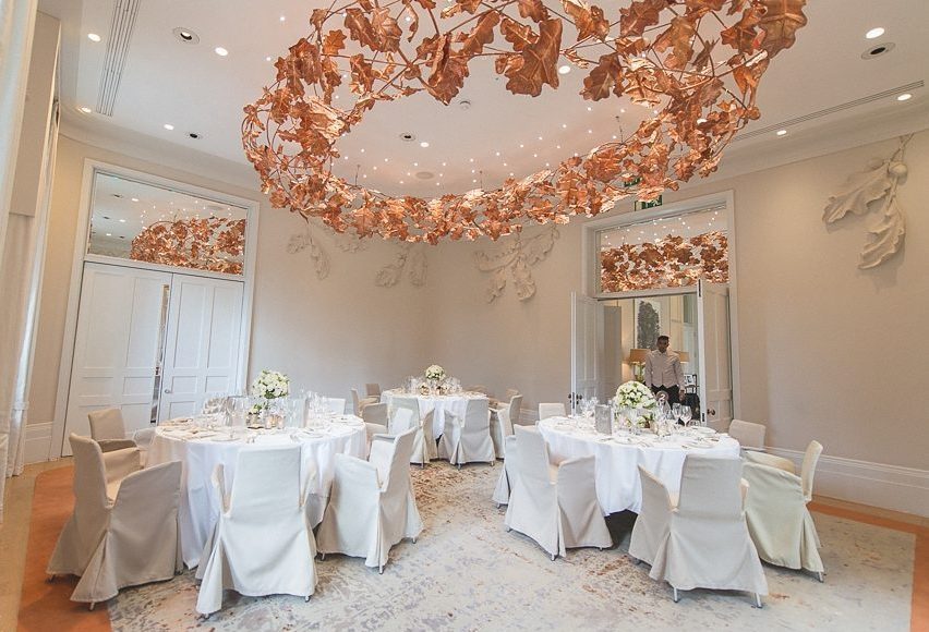 The Oak Room at Coworth Park dressed for an intimate wedding breakfast