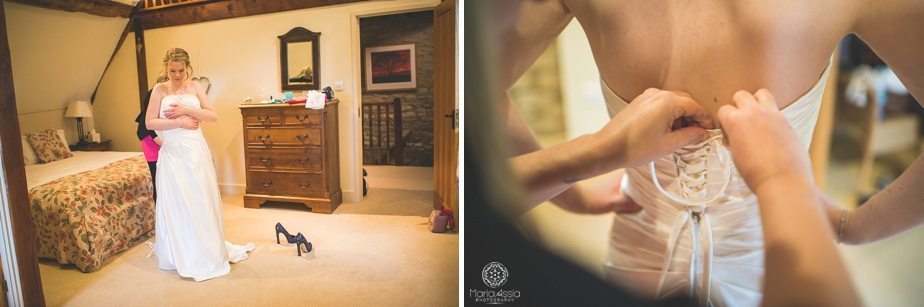 Bride getting dressed at Caswell House bridal suite