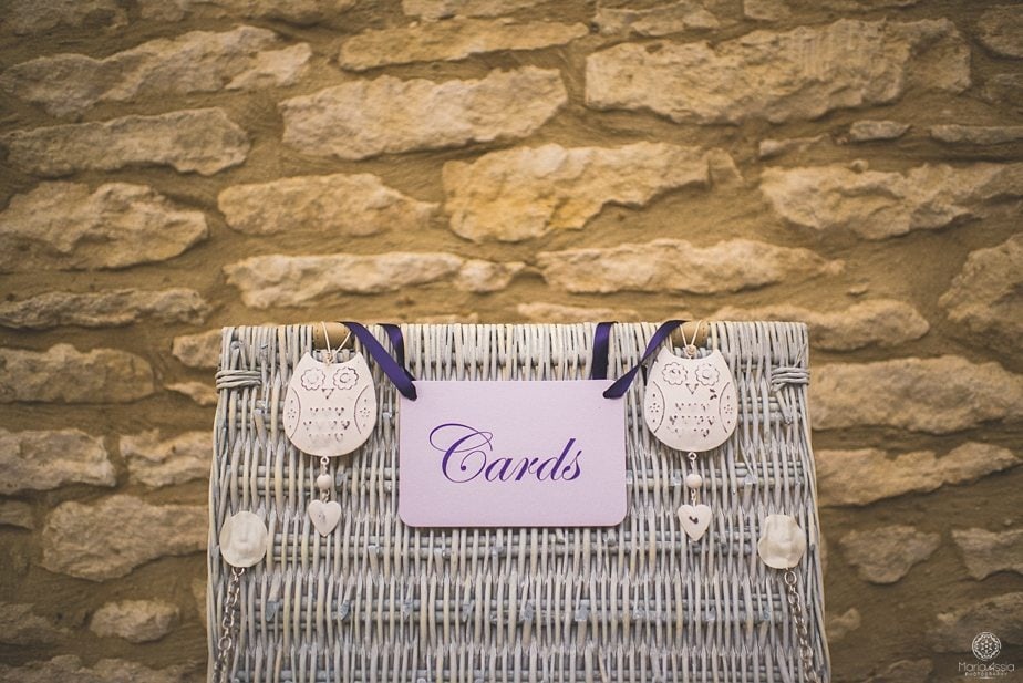 Purple themed autumn wedding Cards box lid with owl ornaments at Caswell House