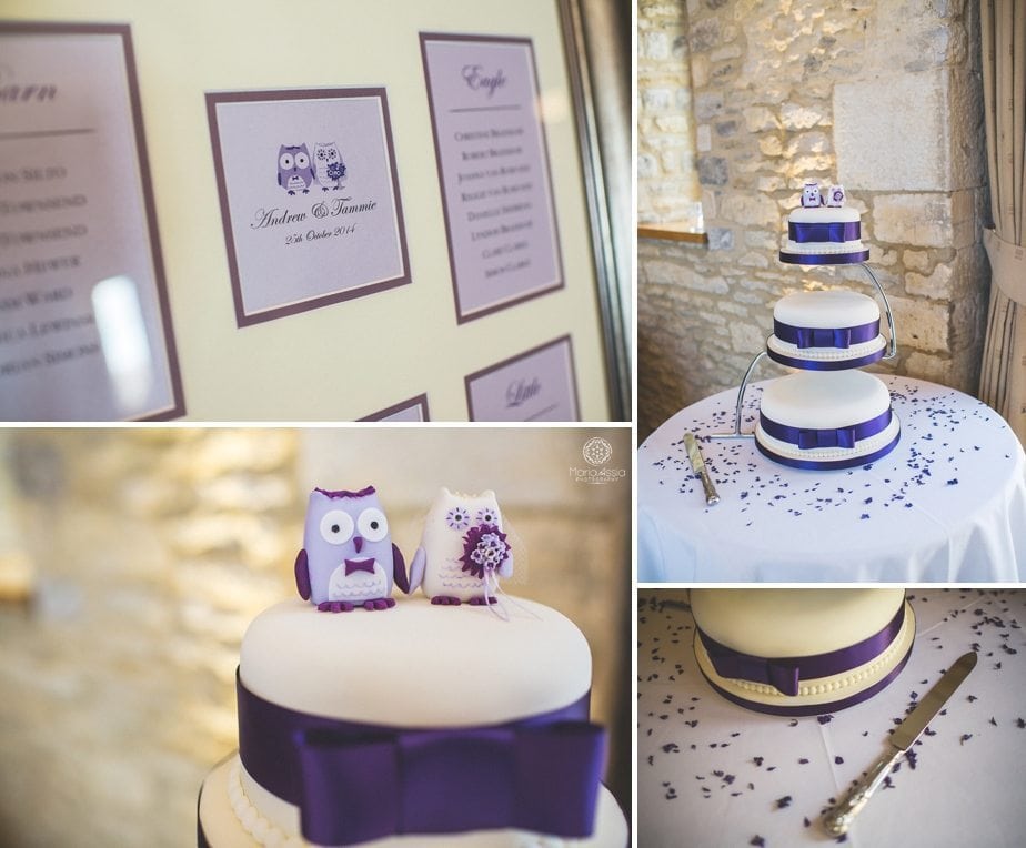 Purple themed autumn Wedding cake and seating plan at Caswell House