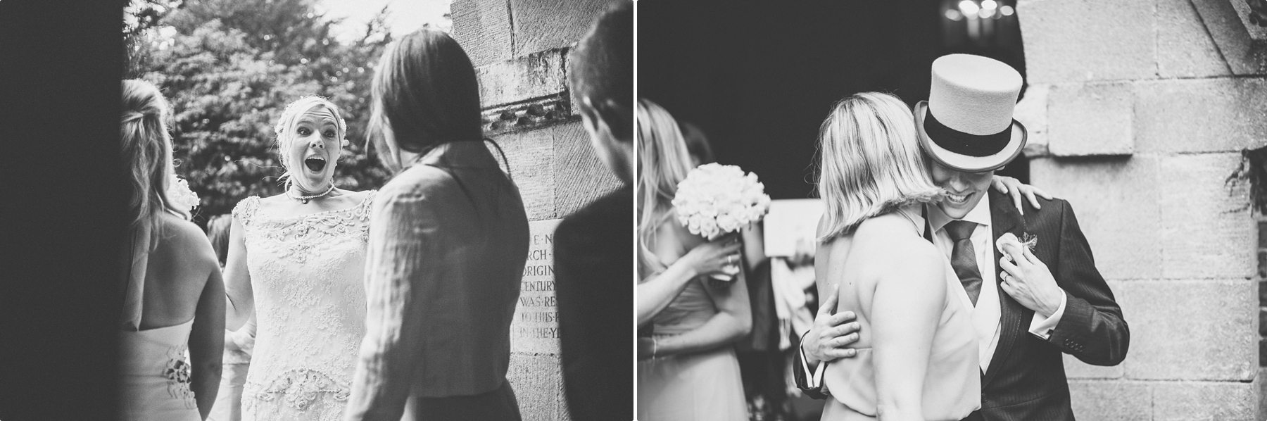 Bride and groom receiving wedding guests at their summer church wedding