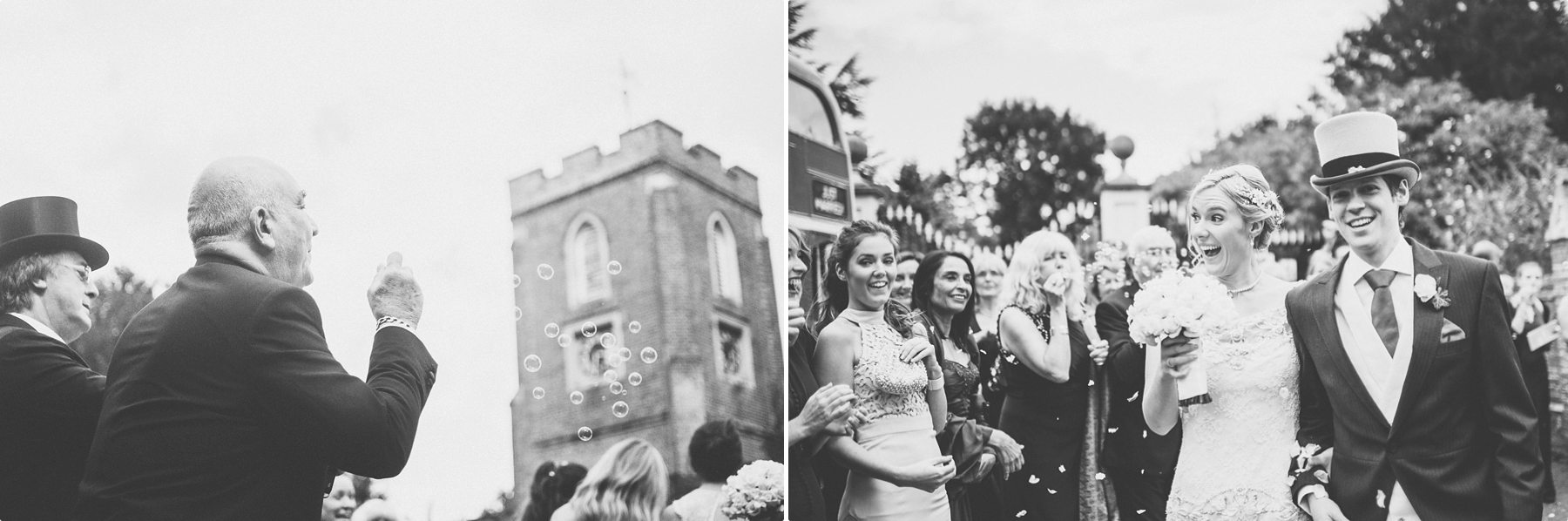 Bubble and petal wedding confetti being thrown by wedding guests