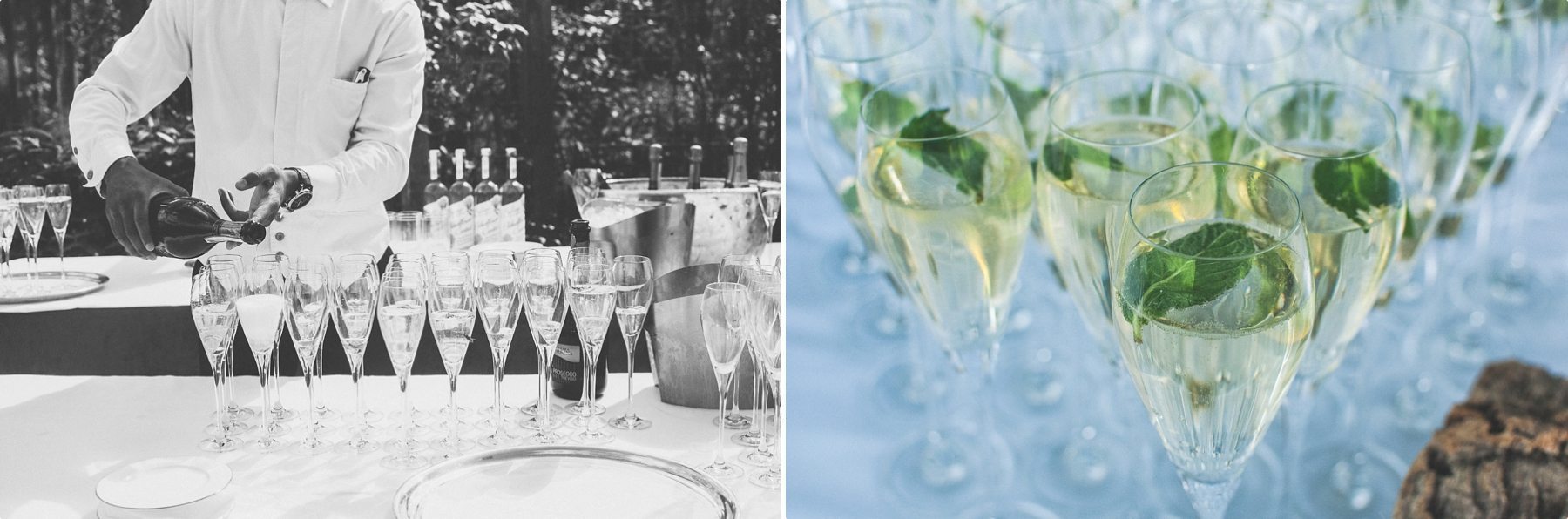 Champagne flutes being filled and glistening in the sun at Coworth Park Barn summer wedding