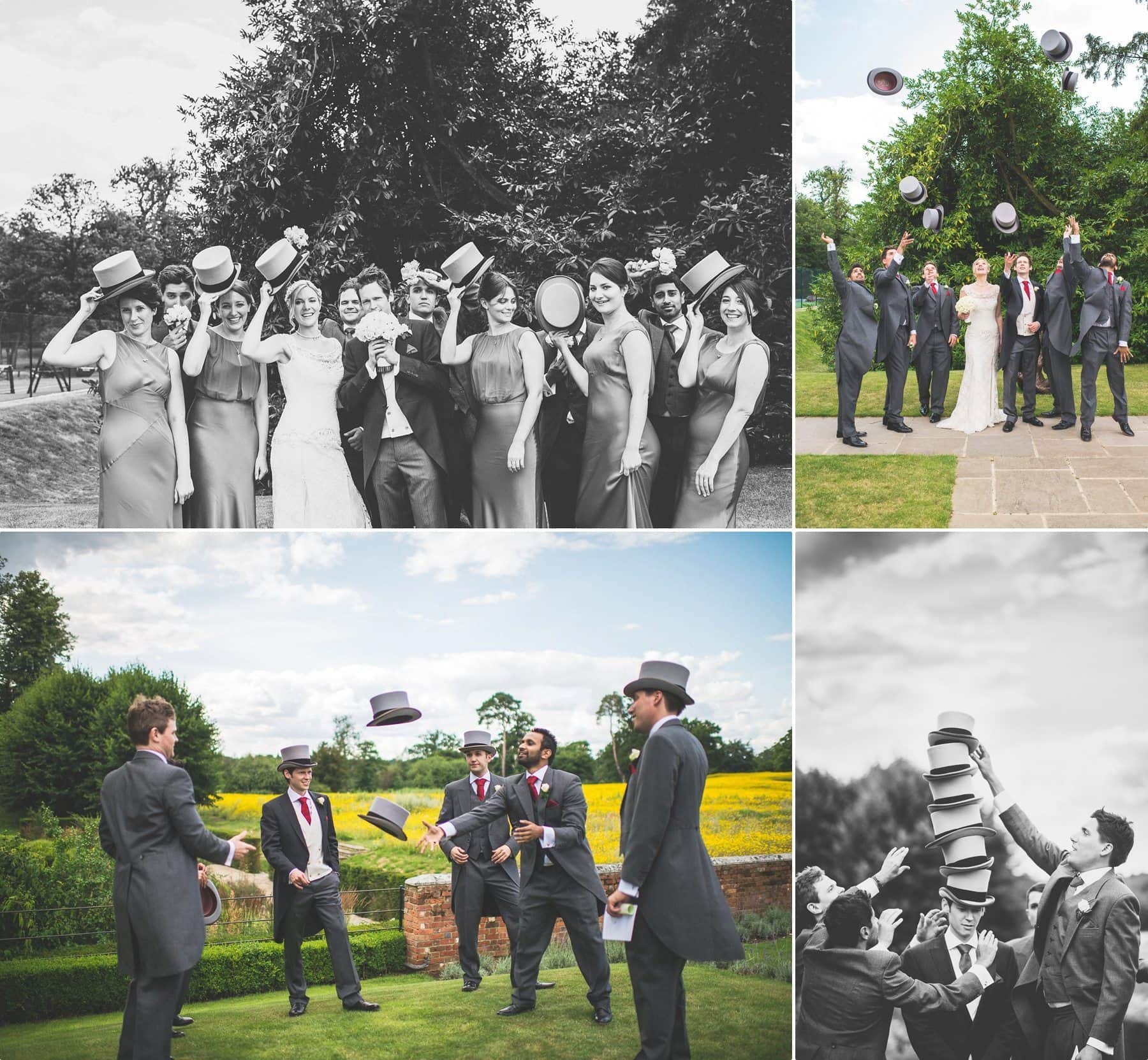 Bride groom bridesmaids and ushers playing with traditional top hats at this coworth park Barn summer wedding