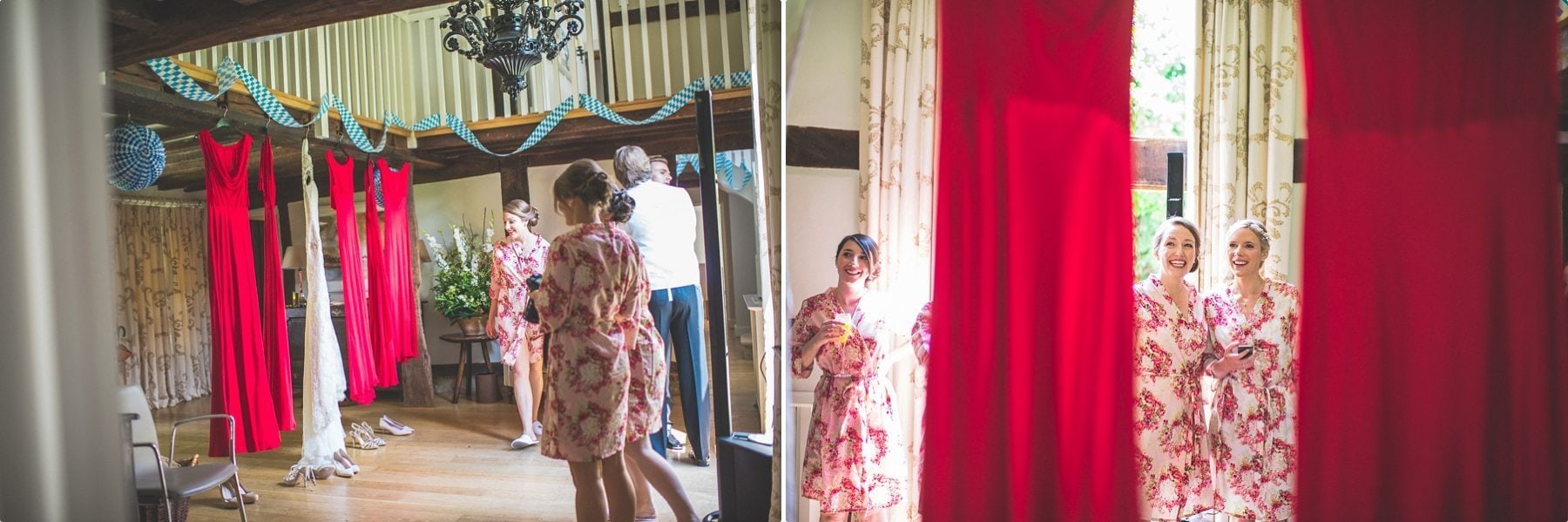 Bridesmaids and bride looking their wedding dresses at the dower house at coworth Park