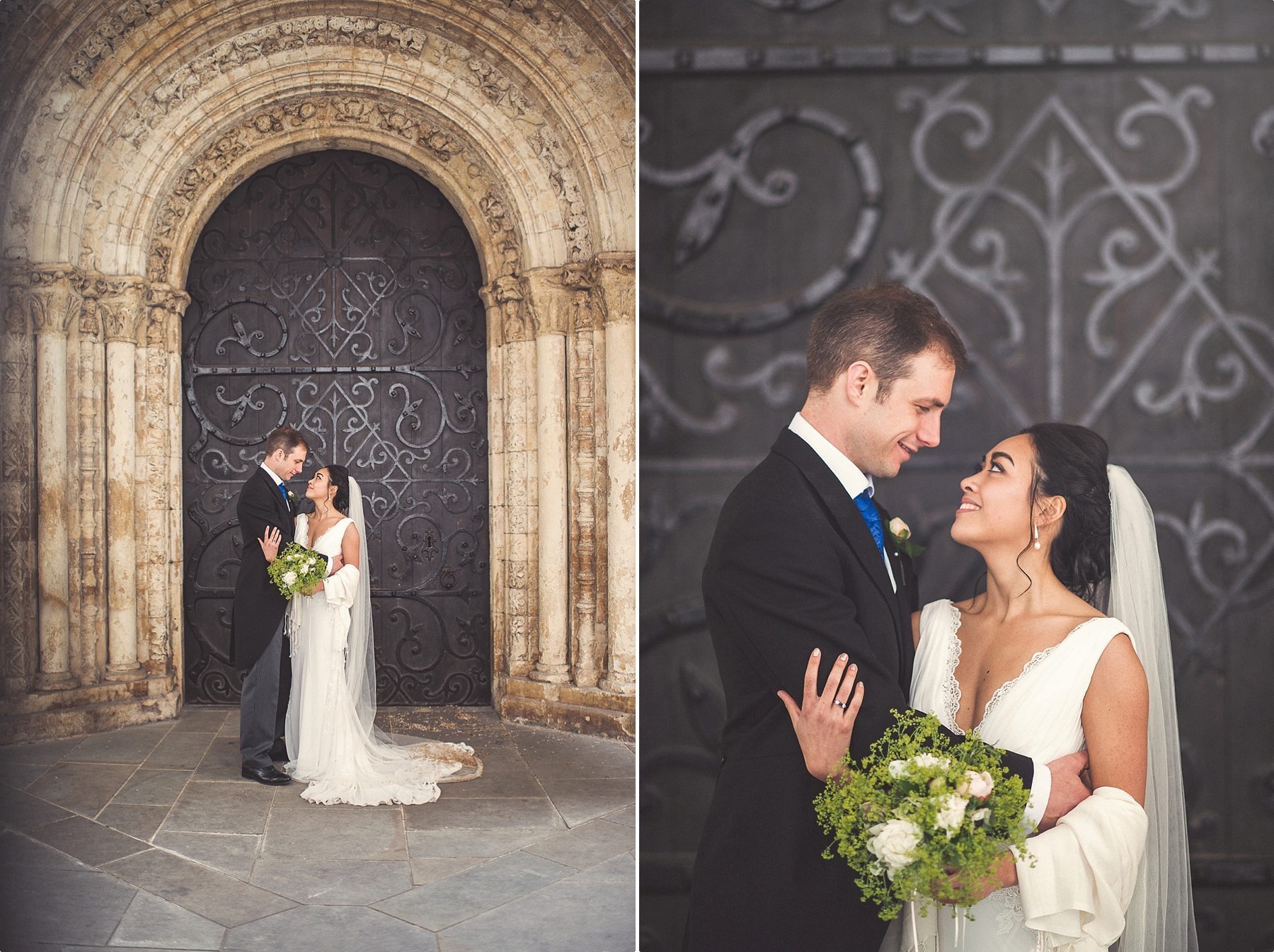 bride and groom standing at the black door of Temple Church