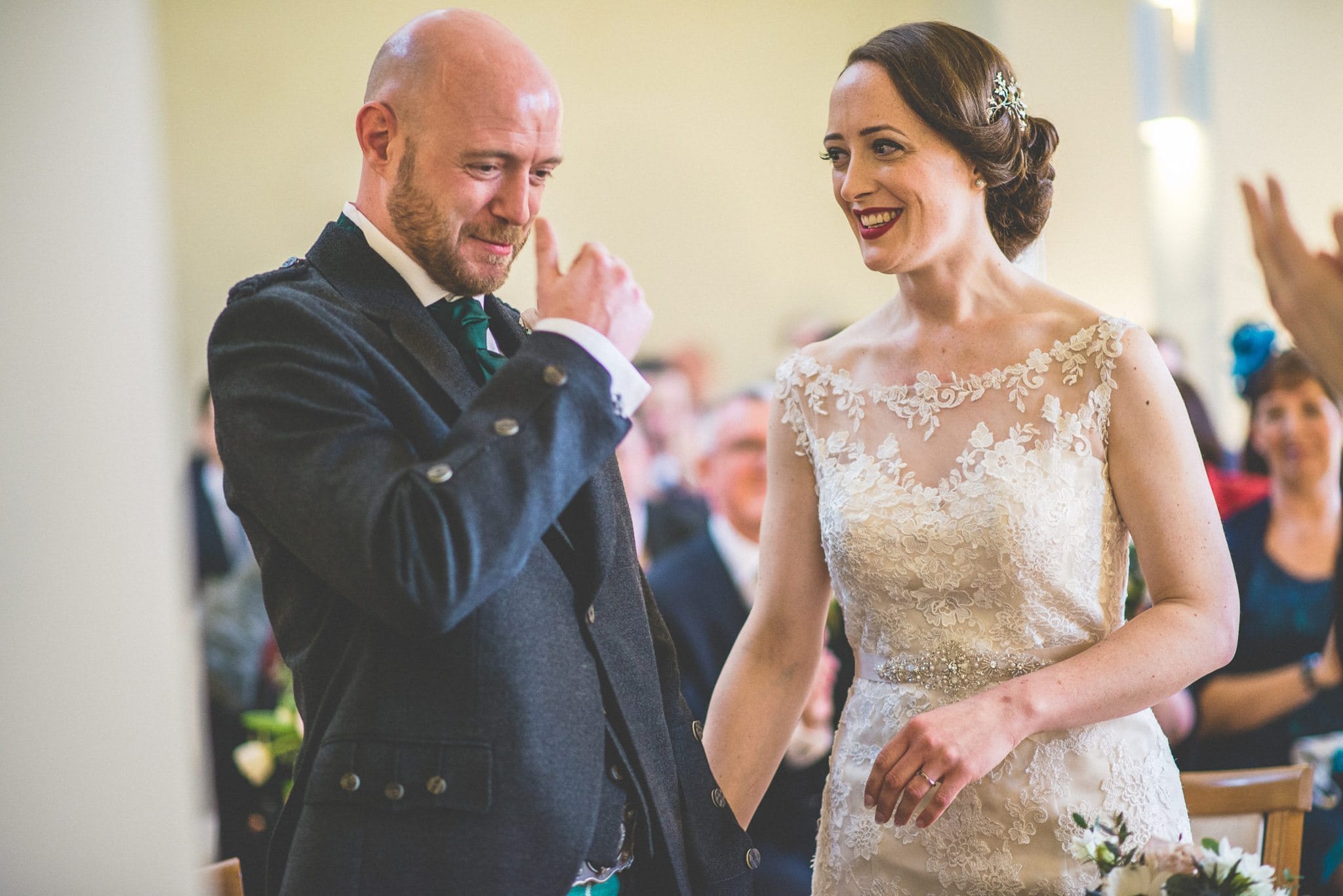 Groom cries at his Scottish Sci-fi Spring Wedding at Farnham Castle Lantern Hall