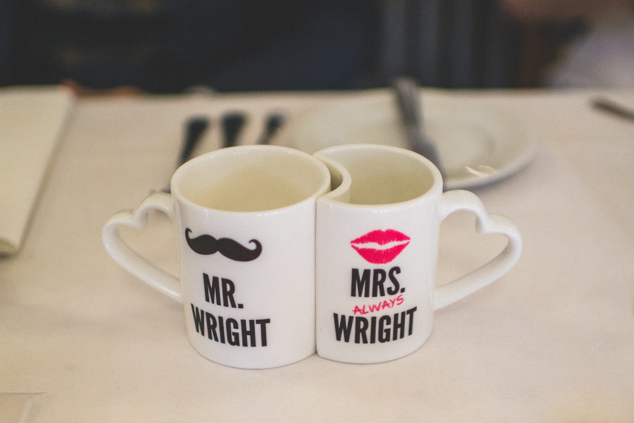 Interlocking Mr and Mrs Wright wedding mugs 