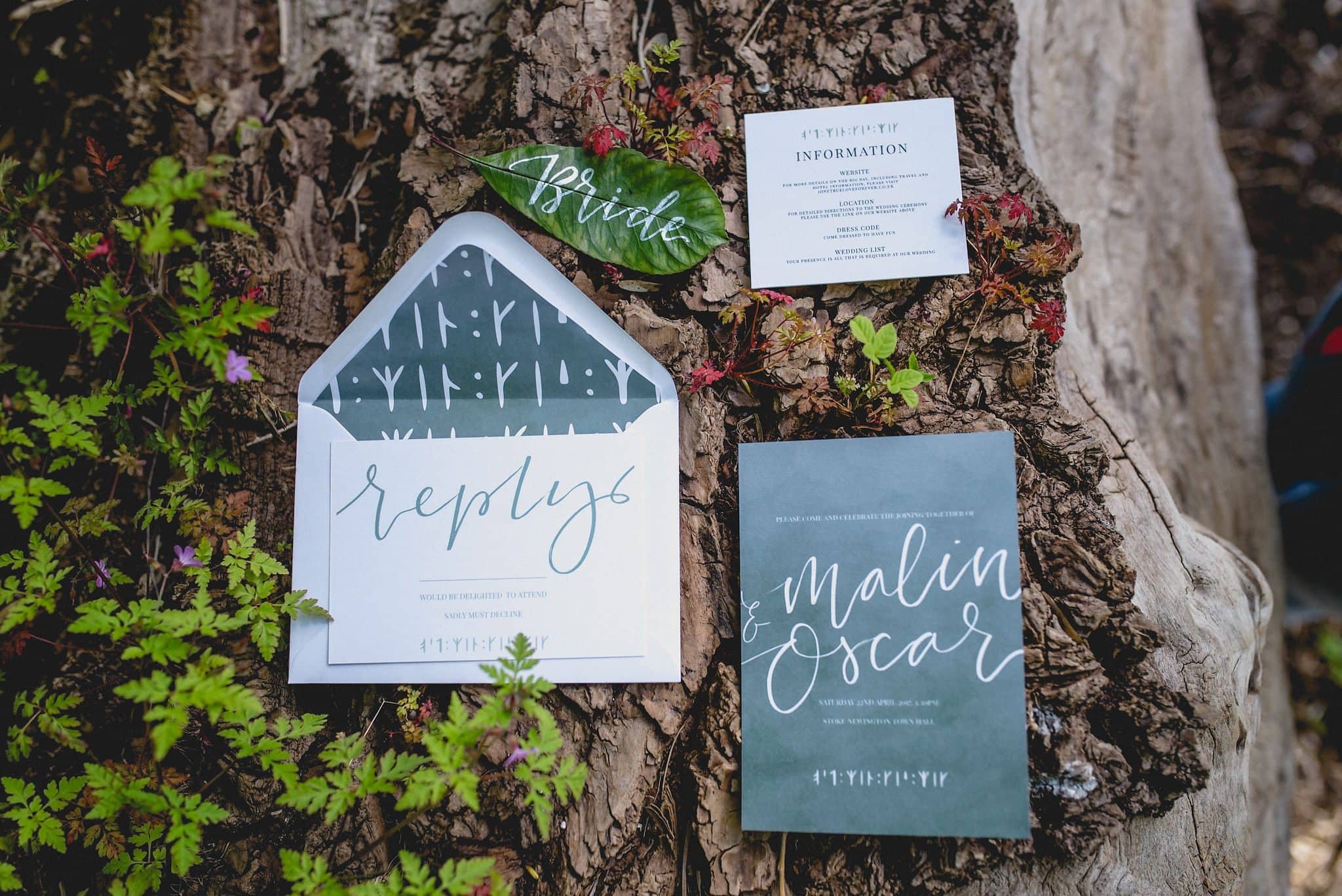 Flatlay of stationery suite on tree branch with leaves