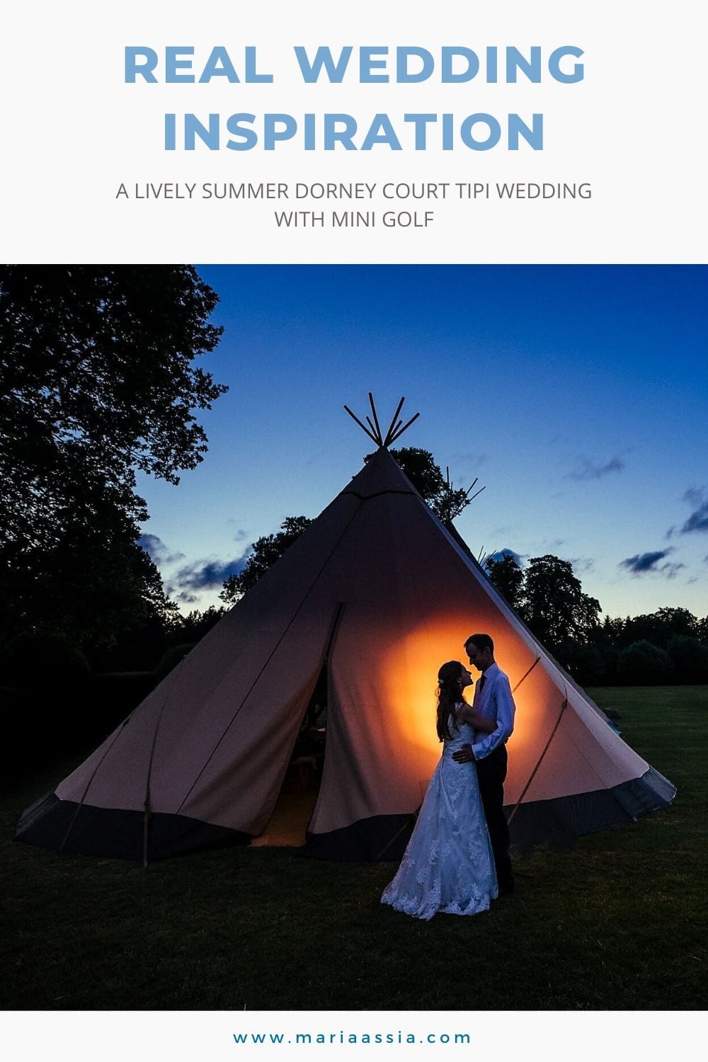 Bride and groom hug in front of their wedding tipi at sunset at Dorney Court