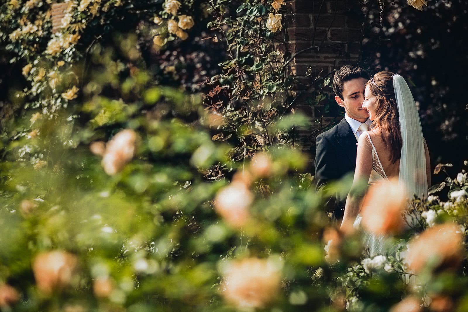 Bride and groom hug in the sunny Hurlingham Club rose garden
