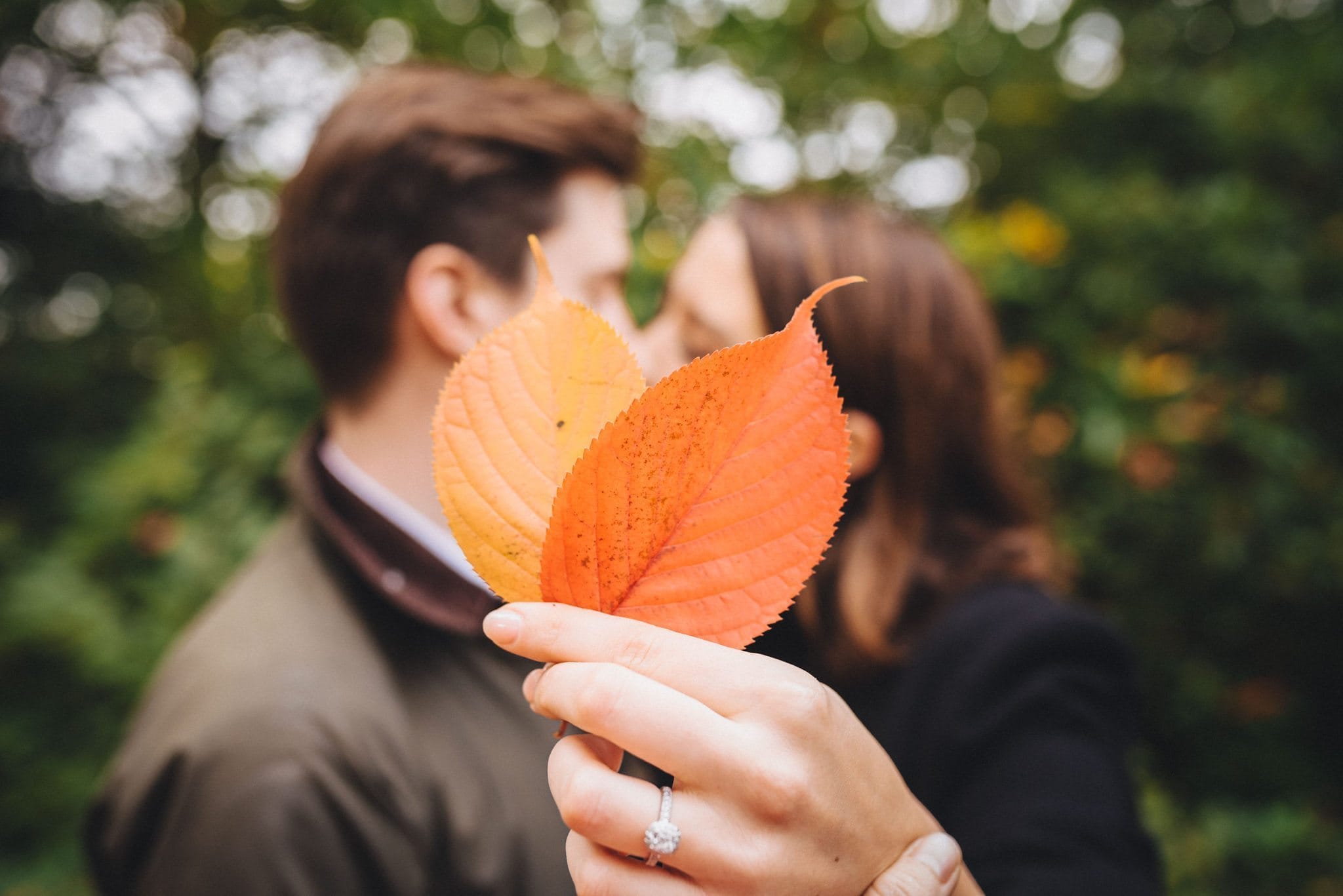 A couple hide behind autumn leaves kissing at a Pembroke Lodge engagement shoot